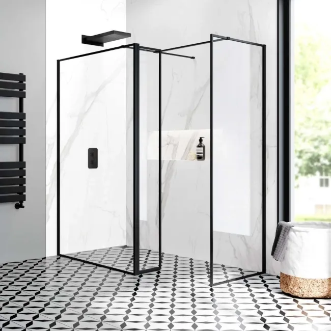 Munich Matt Black Framed 8mm Walk In Shower Enclosure 1200mm & 800mm Glass with Pivotal Return Panel