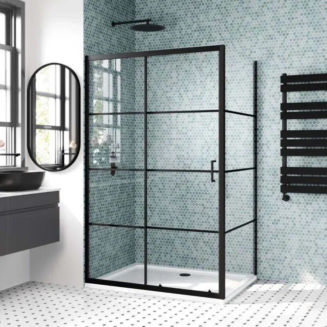 London Matt Black Grid 6mm Sliding Shower Enclosure 1200x900mm