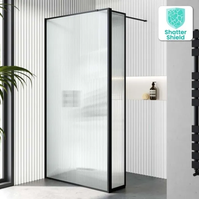 Munich Fluted Effect Matt Black Framed 8mm Wet Room Shower Glass 1000mm & 250mm Pivotal Return Panel