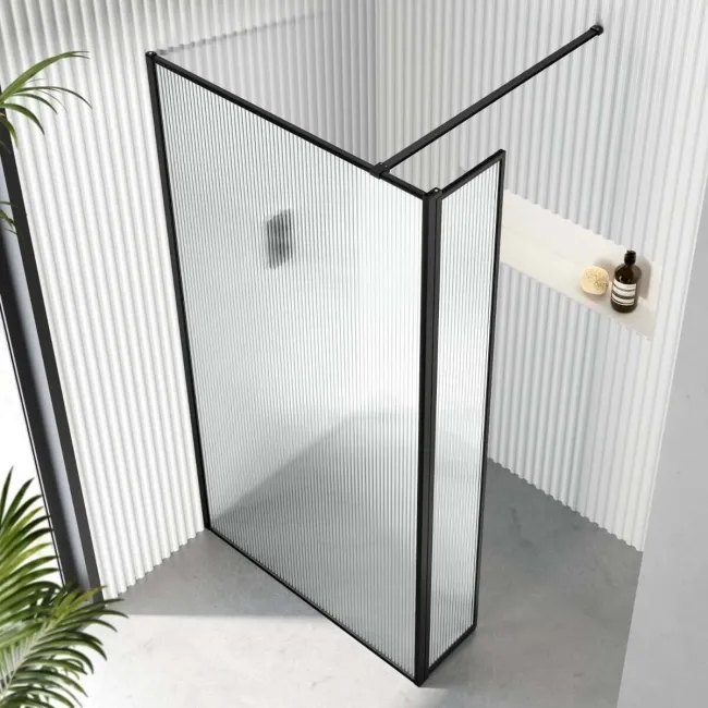 Munich Fluted Effect Matt Black Framed 8mm Wet Room Shower Glass 1000mm & 250mm Pivotal Return Panel