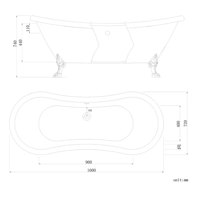 Tonbridge 1600mm Roll Top Bath - Black Claw Feet
