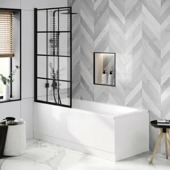 Hereford Square Shower Bath 1600x700 & 6mm Easy Clean Matt Black Grid Bath Screen