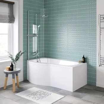 P Shaped 1500 Shower Bath with Front Panel & 4mm Screen with Rail - Left Handed