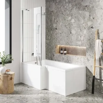 L Shaped 1500 Shower Bath with Front Panel & 4mm Fixed Screen - Left Handed