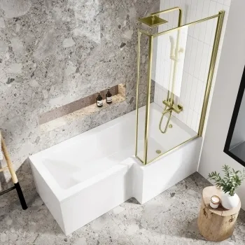 L Shaped 1700 Shower Bath & 6mm Easy Clean Brushed Brass Bath Screen - Right Handed