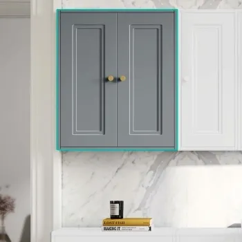 Dove Grey Wall Hung Cabinet 700x600mm - Brushed Brass Accents