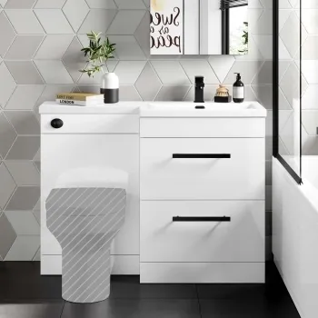 Avon Gloss White Basin Vanity Drawer and Back To Wall Unit 1100mm - Black Accents - Right Handed