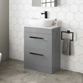 Avon Stone Grey Vanity Drawer with Marble Top & Curved Counter Top Basin 600mm - Black Accents