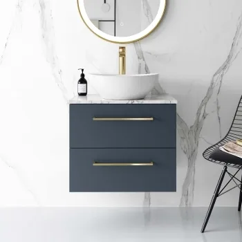 Elba Inky Blue Wall Hung Drawer Vanity with Marble Top & Oval Counter Top Basin 600mm - Brushed Brass Accents