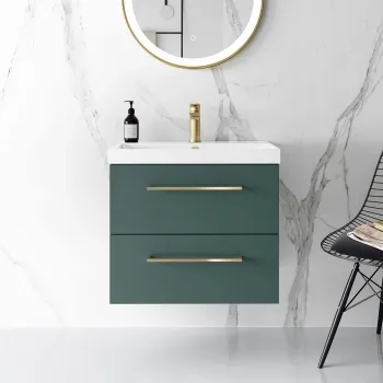 Elba Midnight Green Wall Hung Basin Drawer Vanity 600mm - Brushed Brass Accents