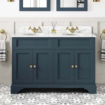 Lucia Inky Blue Double Vanity with Marble Top & Undermount Basins 1200mm - Brushed Brass Accents