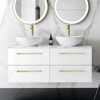 Elba Gloss White Double Wall Hung Drawer Vanity with Marble Top & Oval Basin 1200mm - Brushed Brass Accents