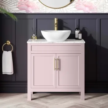 Bermuda Cashmere Pink Vanity with Marble Top & Oval Counter Top Basin 800mm - Brass Knurled Handles