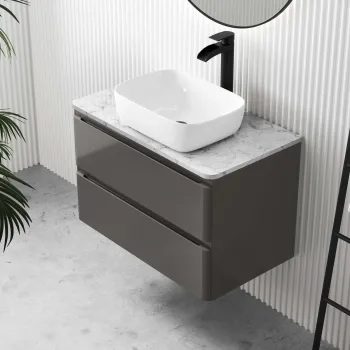 Corsica Tungsten Grey Wall Hung Drawer Vanity with Marble Top & Curved Counter Top Basin 800mm