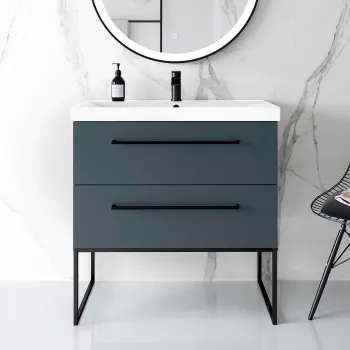 Elba Inky Blue Wall Hung Basin Drawer Vanity 800mm with Matt Black Stand