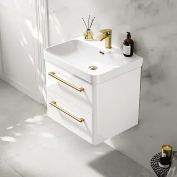 Omaha Gloss White Wall Hung Basin Drawer Vanity 600mm - Brushed Brass Accents