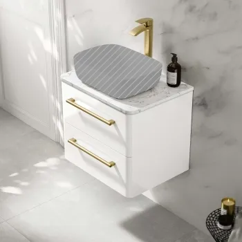 Omaha Gloss White Wall Hung Drawer Vanity with Marble Top 600mm (Excludes Counter Top Basin) - Brushed Brass Accents