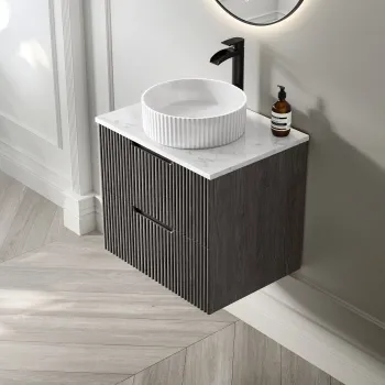 Crete Fluted Charcoal Elm Wall Hung Drawer Vanity with Marble Top & Nevis Basin 600mm