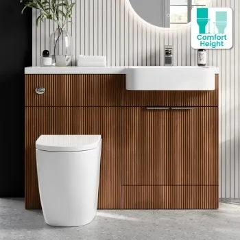 Sicily Fluted Black Walnut Combination Vanity Basin and Utah Comfort Height Toilet 1200mm - Chrome Handles - Right Handed