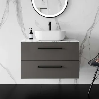 Elba Graphite Grey Wall Hung Drawer Vanity with Marble Top & Curved Counter Top Basin 800mm - Black Accents