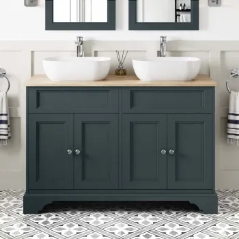 Lucia Inky Blue Double Vanity with Oak Effect Top & Curved Counter Top Basin 1200mm