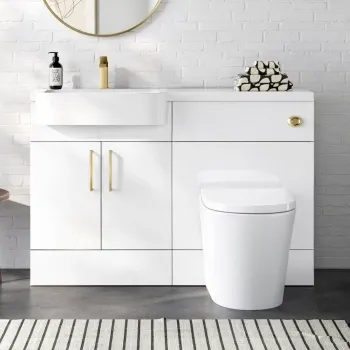 Harper Gloss White Combination Vanity Basin and Boston Toilet 1200mm - Brushed Brass Accents - Left Handed