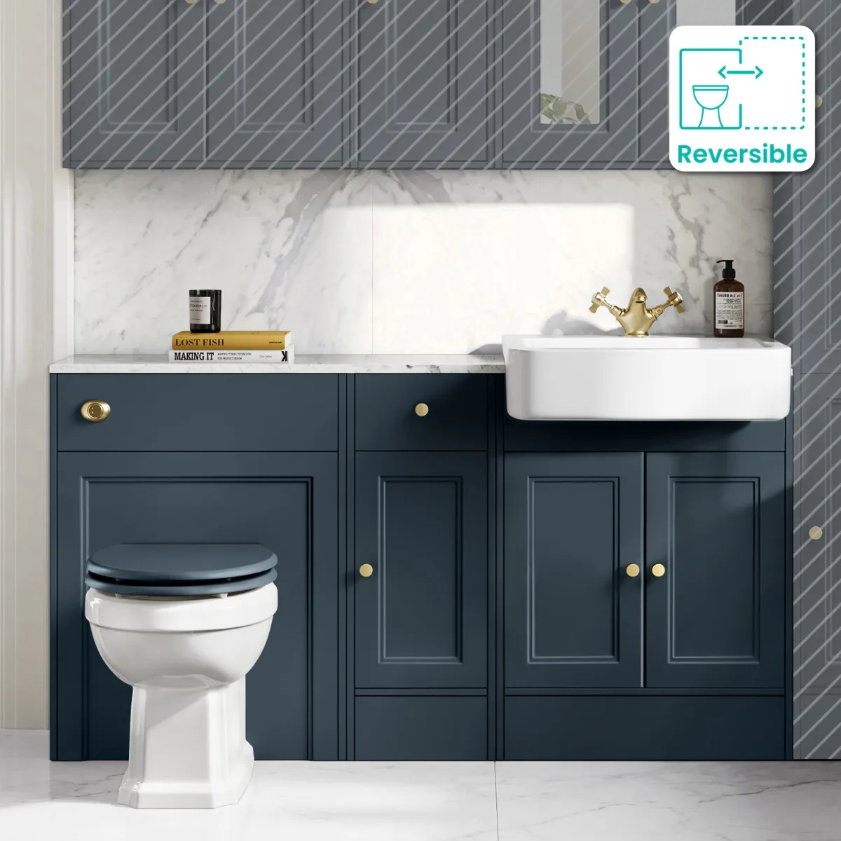 Monaco Inky Blue Combination Vanity Basin with Marble Top and Hudson Toilet with Wooden Seat 1500mm - Brushed Brass Accents