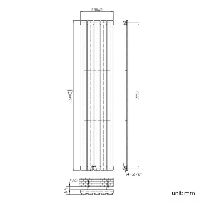 Faro Matt Black Single Flat Panel Vertical Radiator 1600x350mm