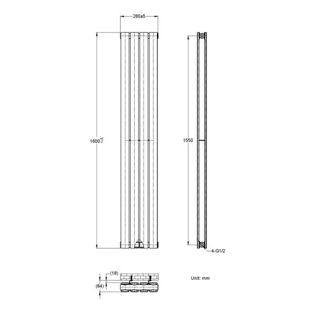 Faro Matt Black Double Flat Panel Vertical Radiator 1600x280mm