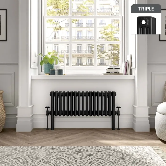 Athens Matt Black Triple Column Horizontal Traditional Radiator 300x785mm