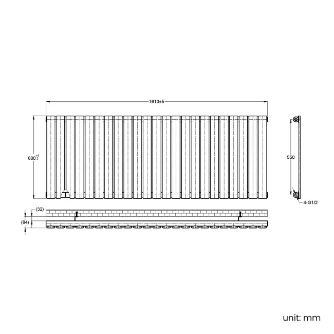 Faro Matt Black Single Flat Panel Horizontal Radiator 600x1610mm