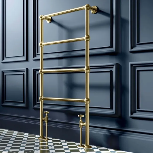 Gibraltar Floor Standing Traditional Brushed Brass Heated Towel Rail 1200x600mm