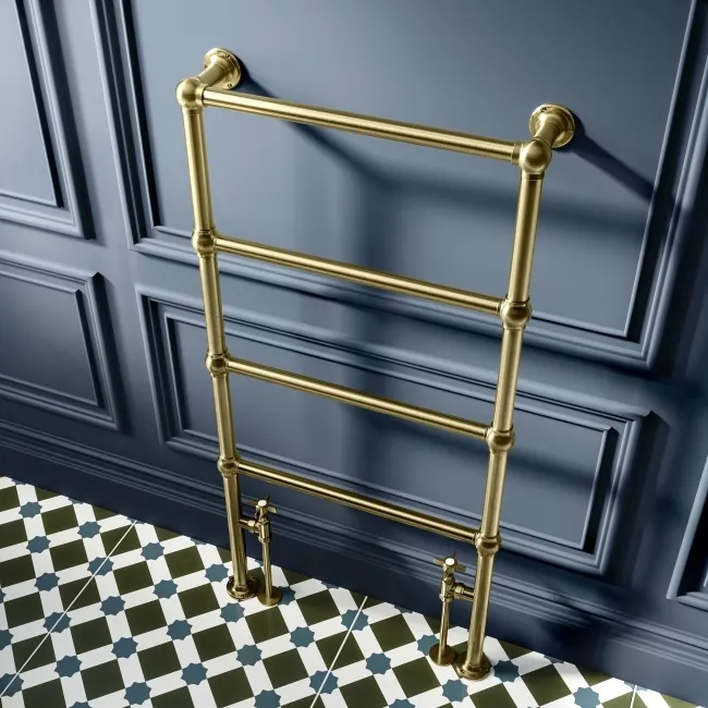 Gibraltar Floor Standing Traditional Brushed Brass Heated Towel Rail 1200x600mm