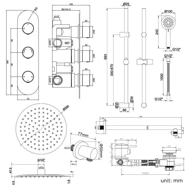 Ballina Premium Chrome Round Thermostatic Bath Filler Shower Set - 200mm Head & Slider Shower
