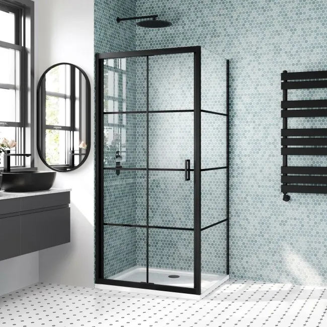 London Matt Black Grid 6mm Bifold Shower Enclosure 900x760mm