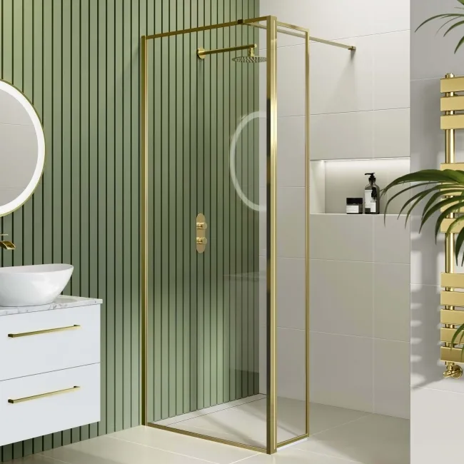 Munich Brushed Brass Framed 8mm Wet Room Shower Glass 700mm & 250mm Pivotal Return Panel