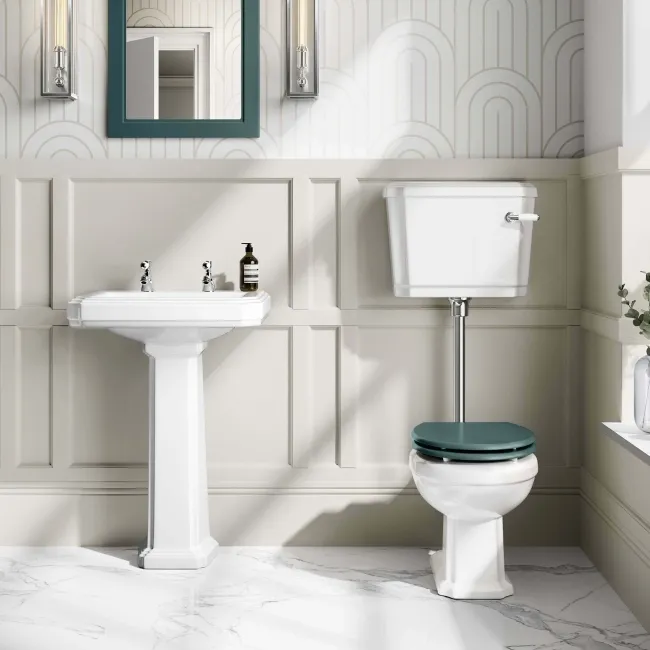 Hudson Traditional Low-Level Toilet With Midnight Green Seat & Pedestal Basin - Double Tap Hole
