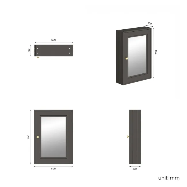 Graphite Grey Mirror Cabinet 700x500mm - Brushed Brass Accents