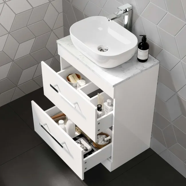 Avon Gloss White Vanity Drawer with Marble Top & Curved Counter Top Basin 600mm