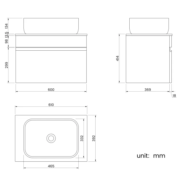 Trent Gloss White Wall Hung Drawer Vanity with Marble Top & Curved Counter Top Basin 600mm