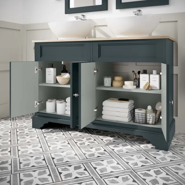 Lucia Inky Blue Double Vanity with Oak Effect Top & Oval Counter Top Basin 1200mm