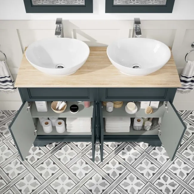 Lucia Inky Blue Double Vanity with Oak Effect Top & Oval Counter Top Basin 1200mm