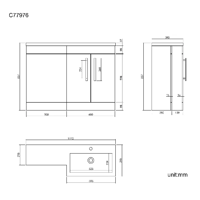 Avon Stone Grey Basin Vanity and Back To Wall Unit 1100mm - Black Accents - Right Handed