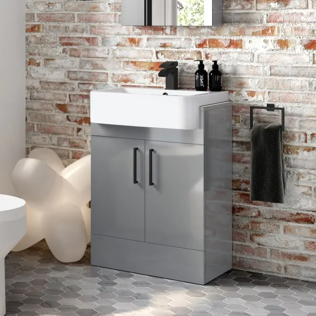 Harper Stone Grey Vanity with Semi Recessed Basin 600mm - Black Accents
