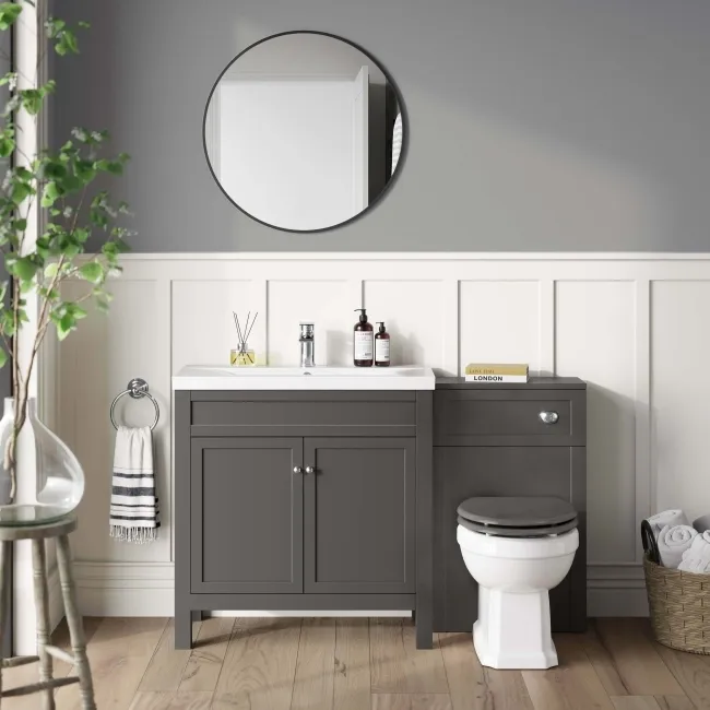 Bermuda Graphite Grey Combination Vanity Basin and Hudson Toilet with Wooden Seat 1300mm