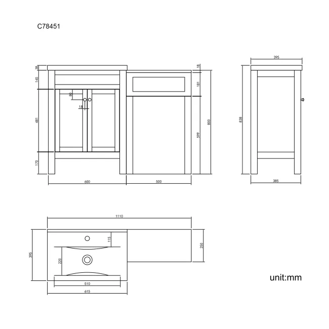 Bermuda Inky Blue Basin Vanity Drawer and Back To Wall Toilet 1100mm (Excludes Pan & Cistern)