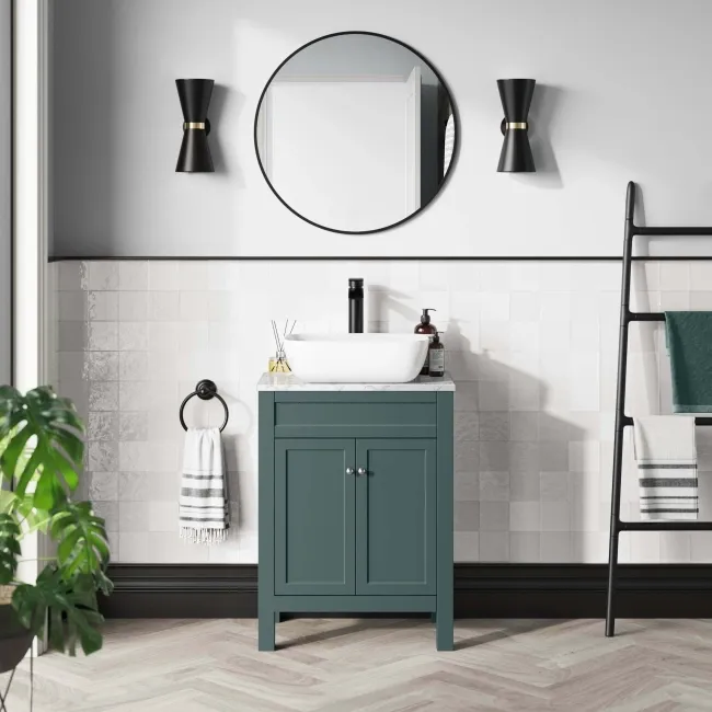 Bermuda Midnight Green Vanity with Marble Top & Curved Counter Top Basin 600mm