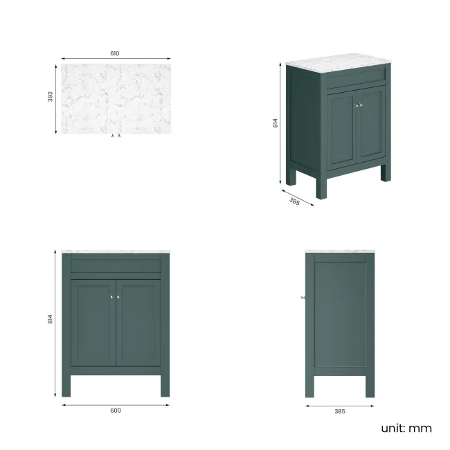 Bermuda Midnight Green Cabinet with Marble Top 600mm - Excludes Counter Top Basin