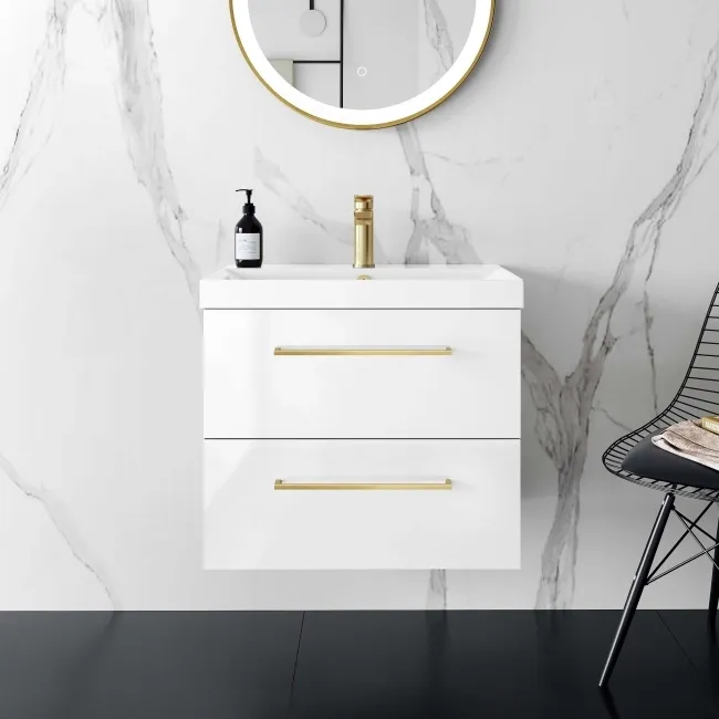 Elba Gloss White Wall Hung Basin Drawer Vanity 600mm - Brushed Brass Accents