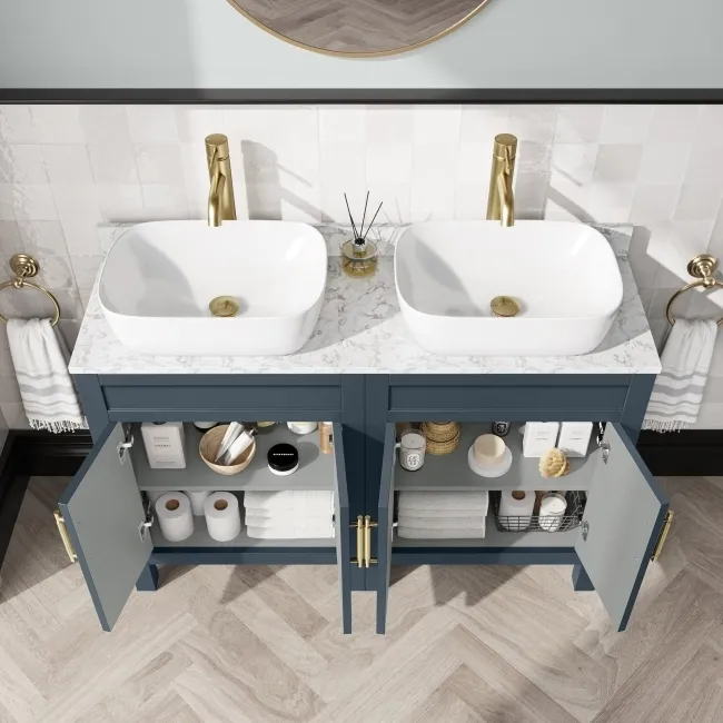 Bermuda Inky Blue Vanity with Marble Top & Curved Counter Top Basin 1200mm - Brass Knurled Handles